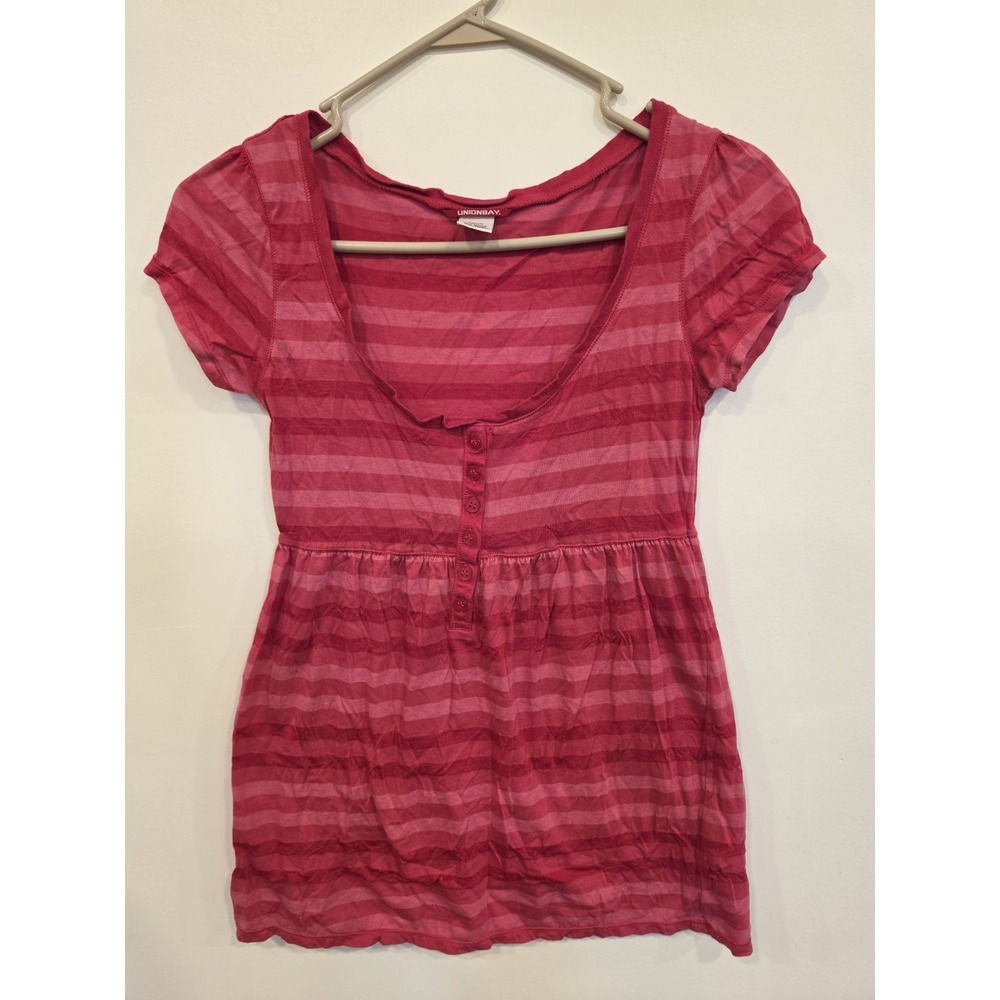 Vintage Y2K Babydoll Henley Medium Striped Scoop Neck Puff Sleeve
